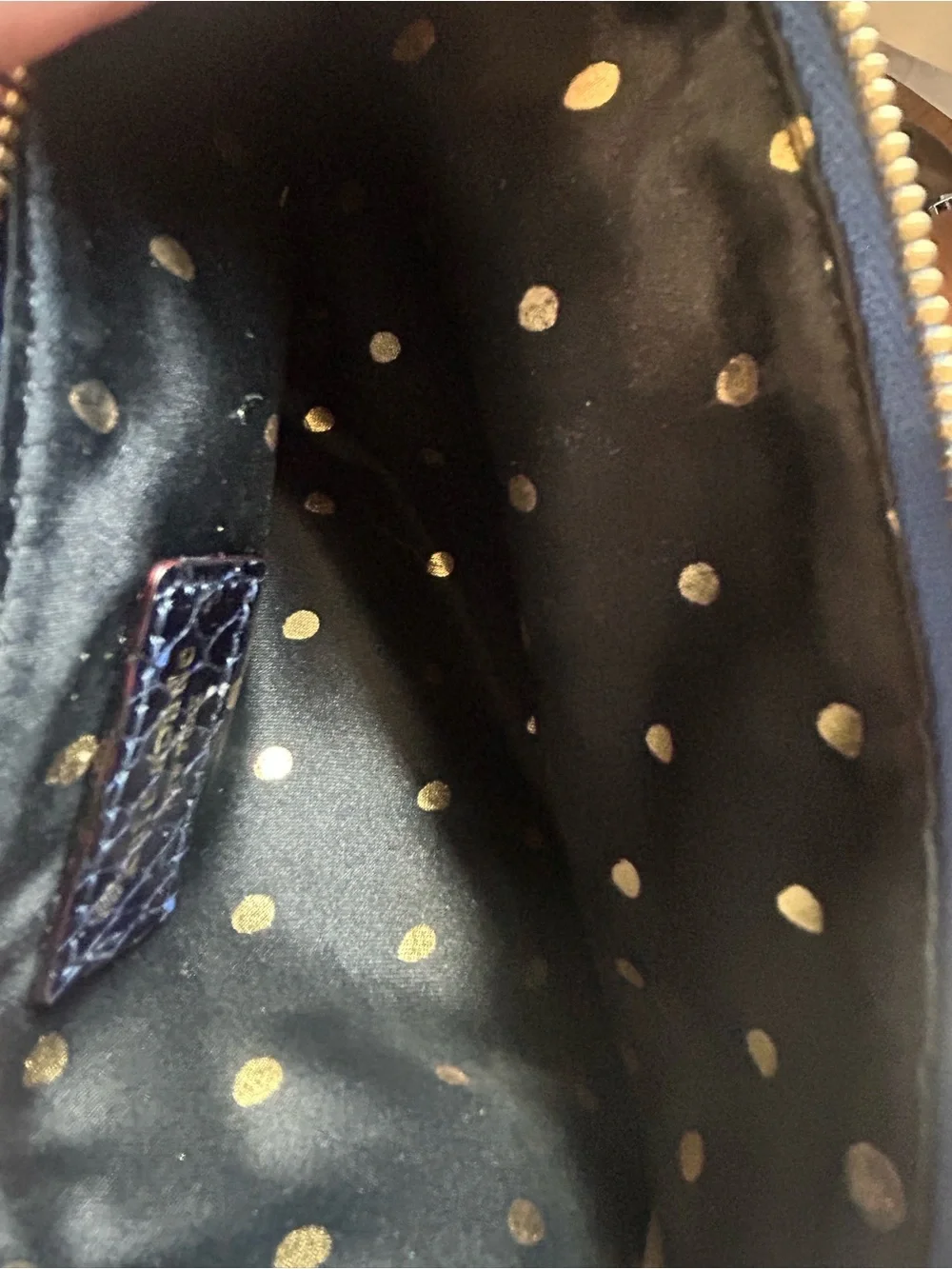 Kate Spade royal blue/navy zippered clutch large satin fringe bow 9 x 4“